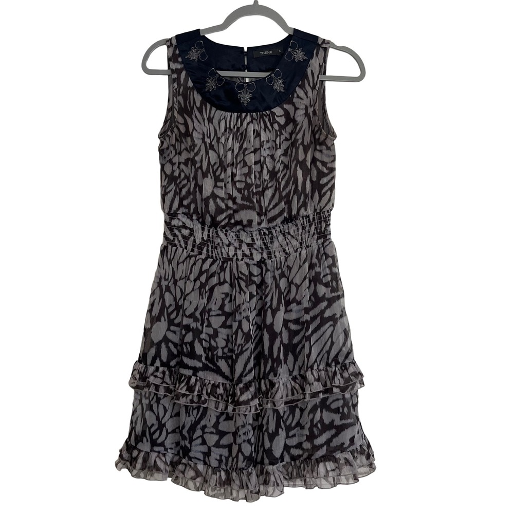 Theme Mini Dress Small Grey Navy Blue Embroidered Smocked Tiered Excellent